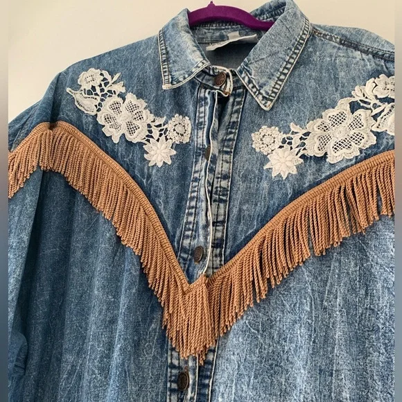 Rare 80s OOAK Vintage J Carreli Denim Acid Wash Tapestry Lace Fringe Jacket - Picture 9 of 17